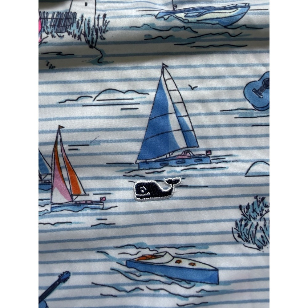 Vineyard Vines Performance Polo Mens L White Blue Sailboat Print Whale Logo Golf - Picture 3 of 6